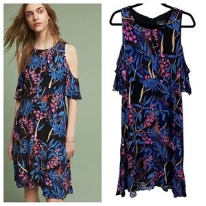 Anthropologie Maeve Elia Cold  Shoulder Blue Pink Black Floral Midi Dress sz 10